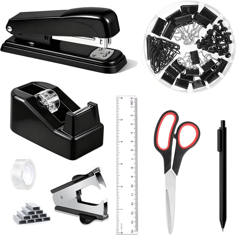 Dimonluce Office Desk Accessories, Black Office Supplies Accessories with Tape Dispenser, Stapler, Staple Remover, 1000 Staples, Tape, Clips Set, Ruler, Scissor, Pen - Image 1